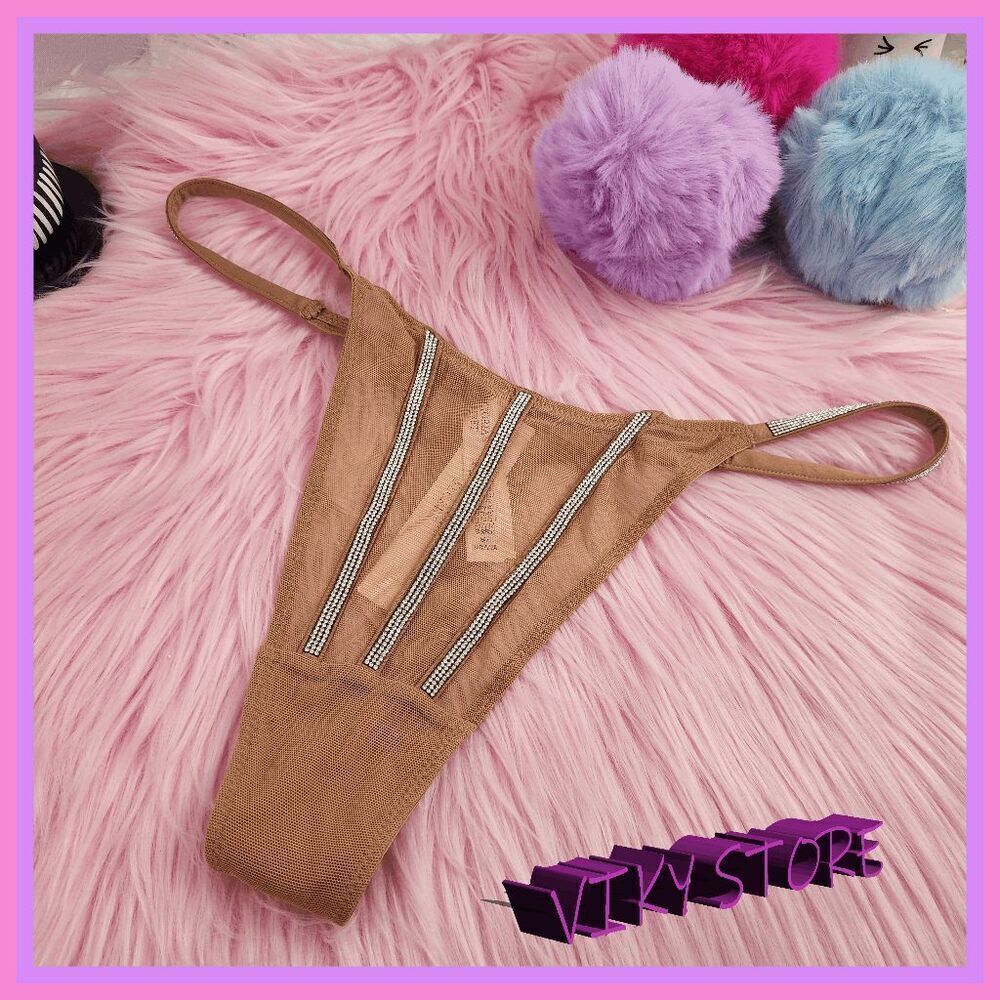 💖 NWT Victoria’s Secret Lame Mesh Nude Rhinestones Tanga M #7265 💖